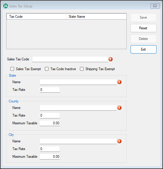 Sales tax setup screen